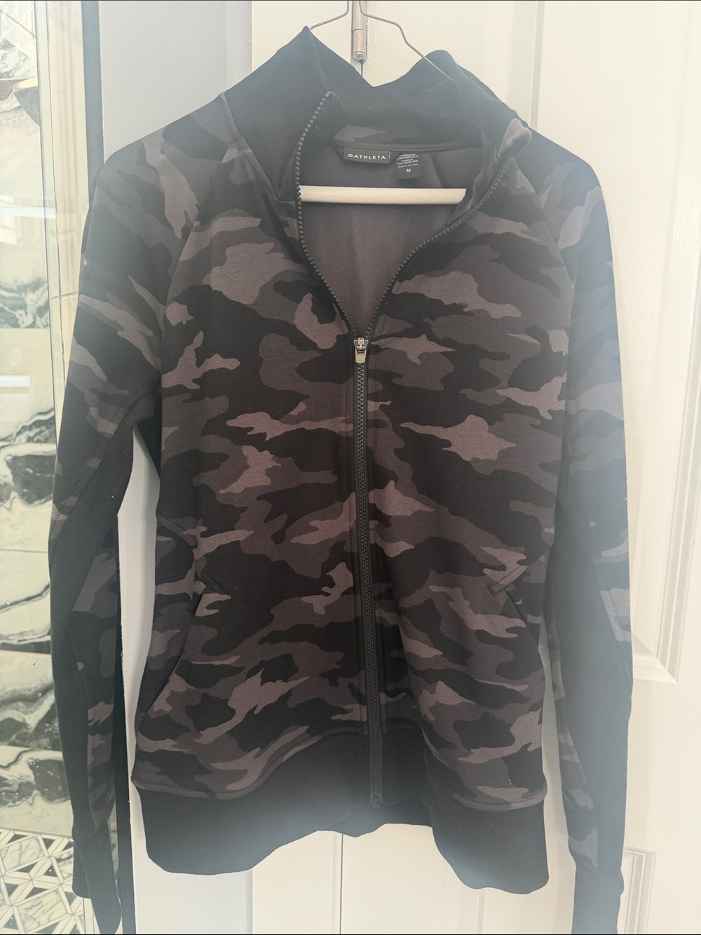 Athleta Gray and Black Camo Full-Zip Bomber Jacket